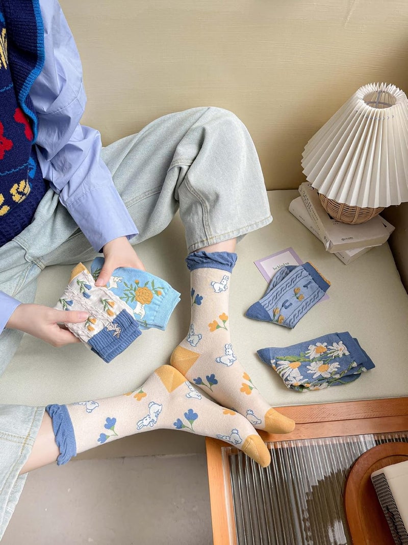 MarJunSep Cute Floral Crew Socks for Women Teen Girls Flower Cottagecore Frilly Vintage Fancy Cotton Socks - Image 4